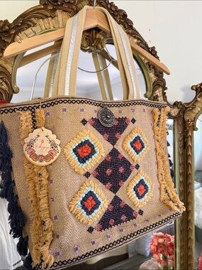 Rubyyaya Boho Embroidered Beige Tote Bag with Fringe Made in Australia
